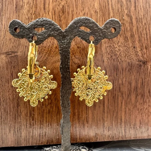 Gold and Blue Leverback Earrings - Picture 2 of 6